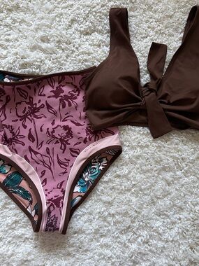 Brown Tie-Front Bikini Top with Pink Floral High-Waist Bottoms